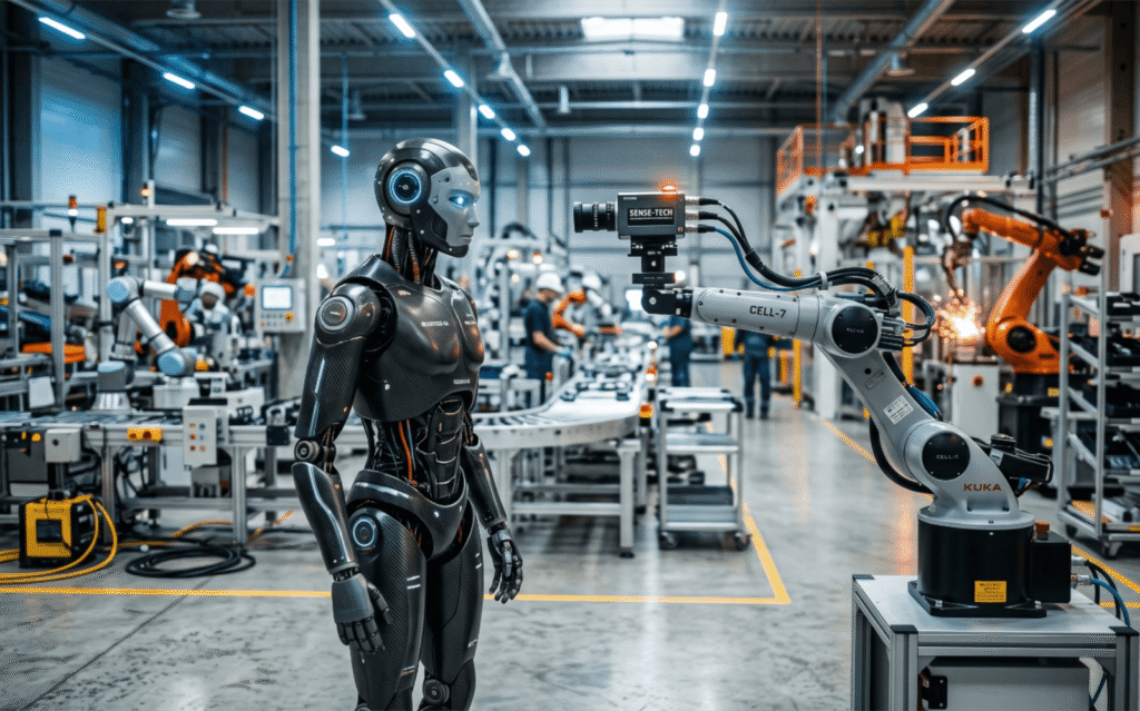Ein humanoider Roboter steht in einer modernen Fabrikhalle und blickt direkt in eine kleine Industriekamera, die vor ihm an einem Roboterarm befestigt ist.